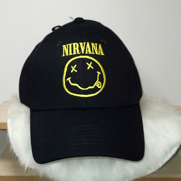 Nirvana Embroidered Smiley Black Cotton Adjustable Baseball Cap Unisex NWOT - Picture 4 of 13